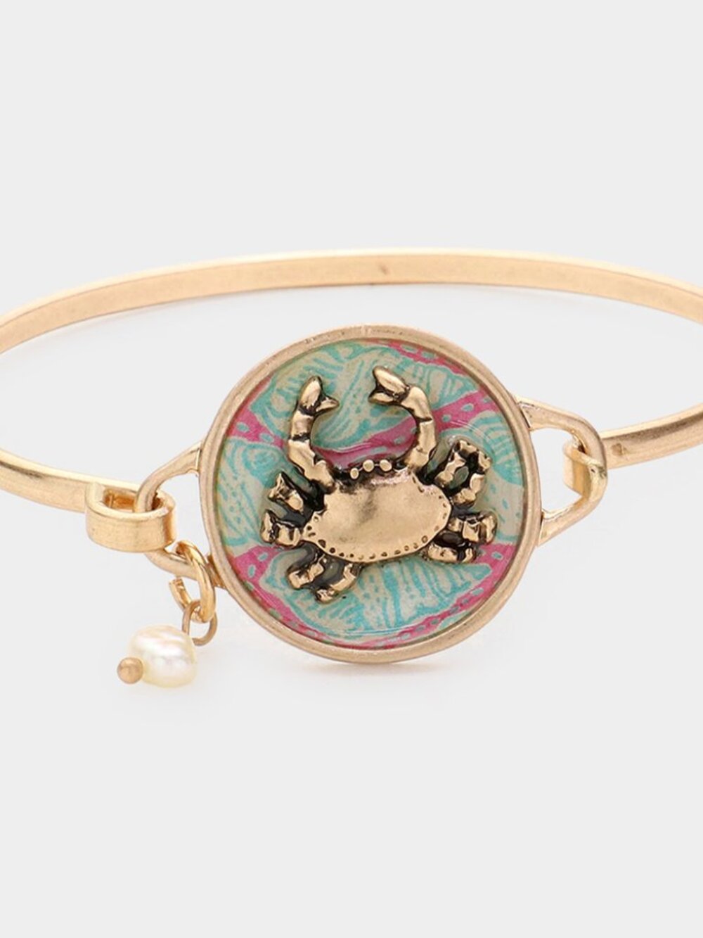 Patterned Crab Pearl Charm Hook Bangle Bracelet - Nautical Beach Jewelry, B